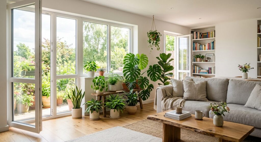 Lyst stueinteriør med grønne planter og åbne vinduer der illustrerer godt indeklima i hjemmet