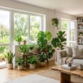 Lyst stueinteriør med grønne planter og åbne vinduer der illustrerer godt indeklima i hjemmet