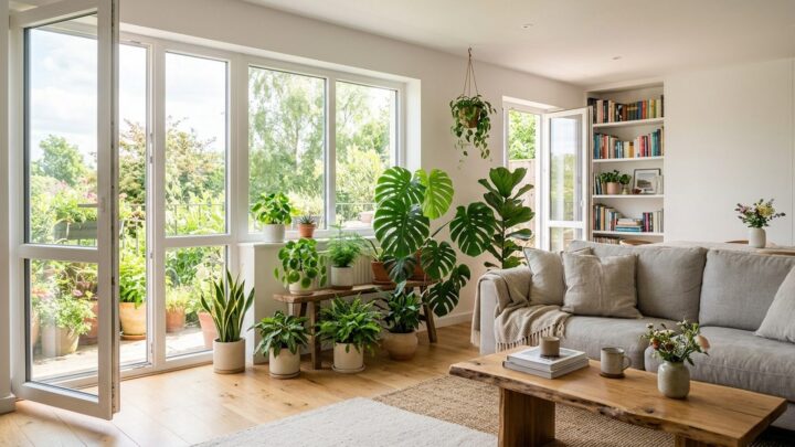 Lyst stueinteriør med grønne planter og åbne vinduer der illustrerer godt indeklima i hjemmet
