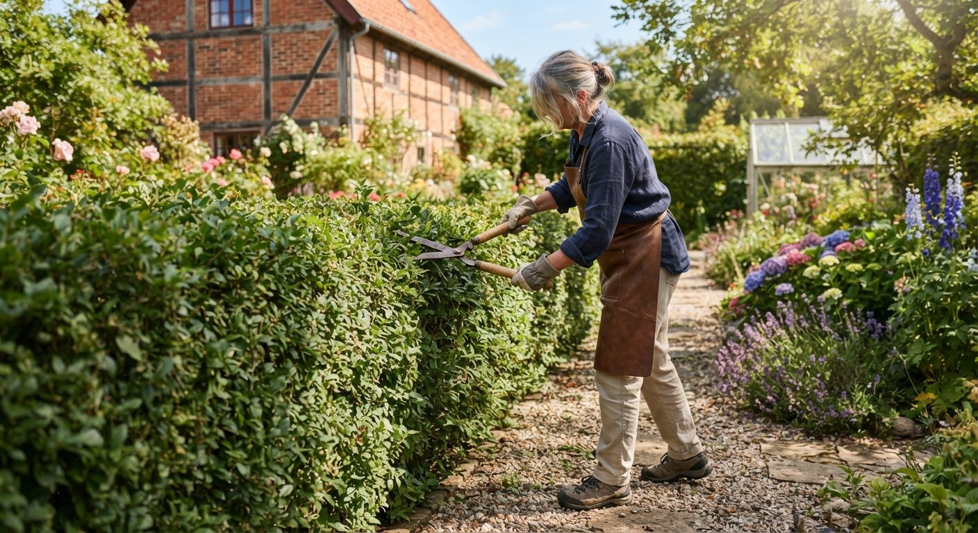 Person der klipper en grøn hæk i haven med hækkeklipper