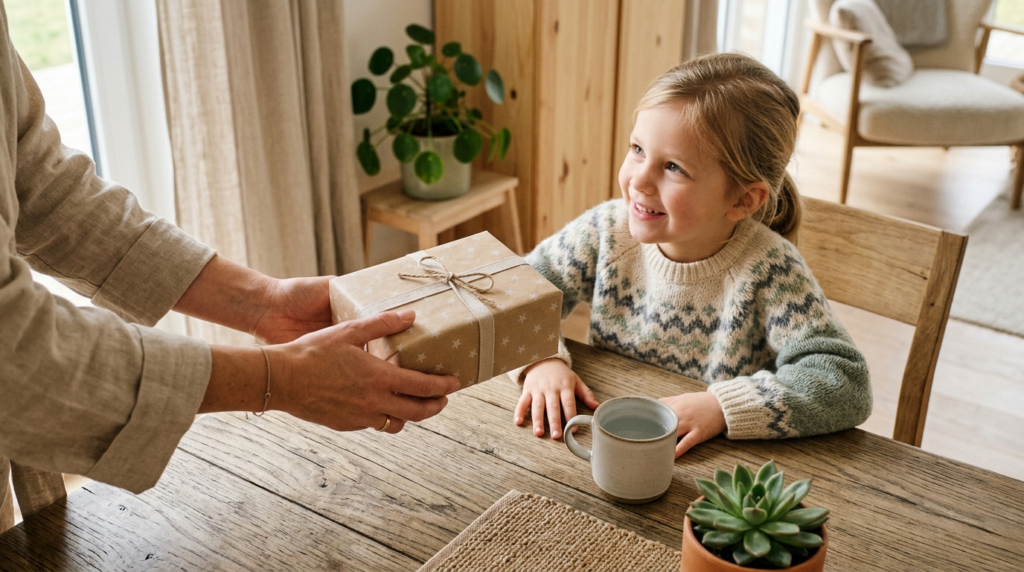 Warm overhead lifestyle shot of a parents hand presenting a