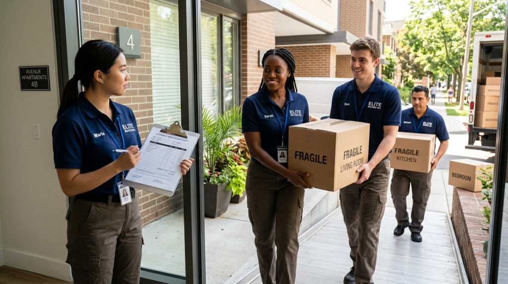 Realistic image of a diverse moving company team in branded 