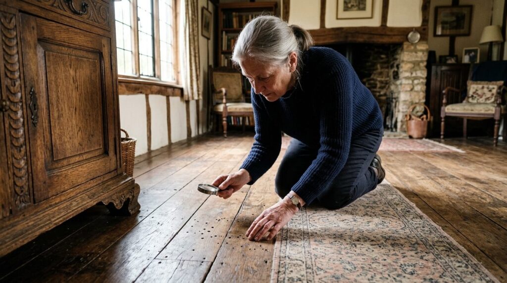Realistic image of homeowner inspecting old wooden floor and