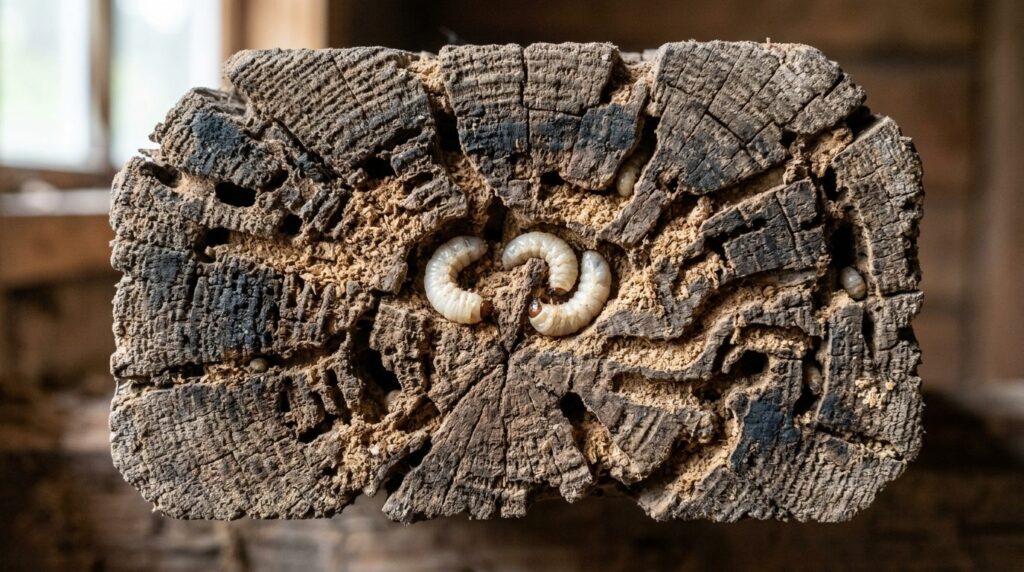 Close-up detailed photograph of wood-boring beetle larvae an