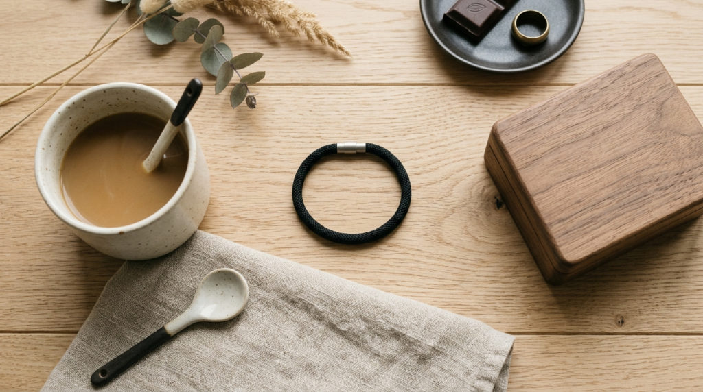 Flat lay lifestyle photography showing a black bracelet arra