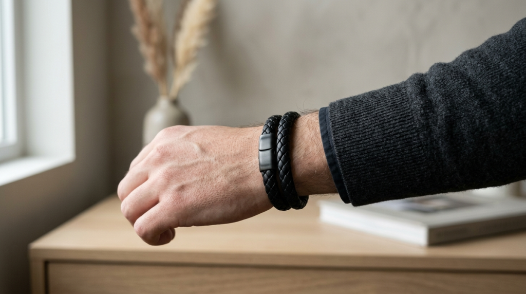 Close-up detail shot of a man wearing a black bracelet in a 