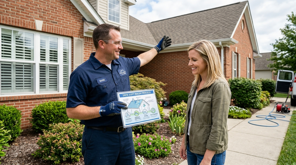 Close-up of professional cleaning technician explaining roof