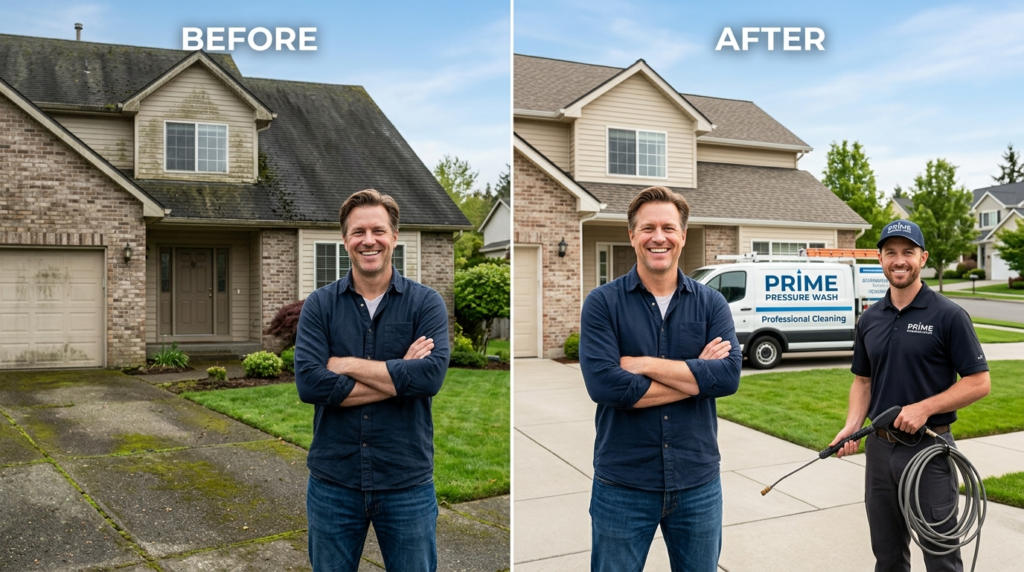 Before and after split-screen style showing homeowner standi