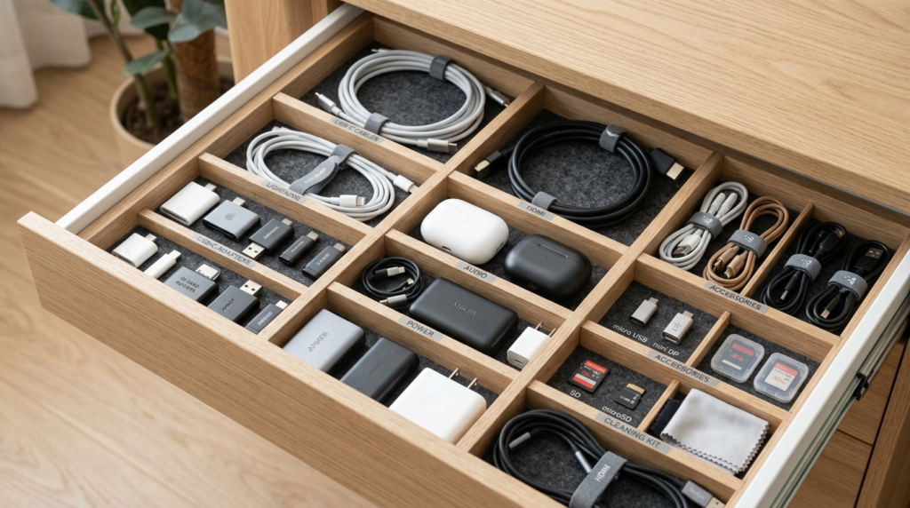 Close-up of a curated home electronics drawer organizer syst