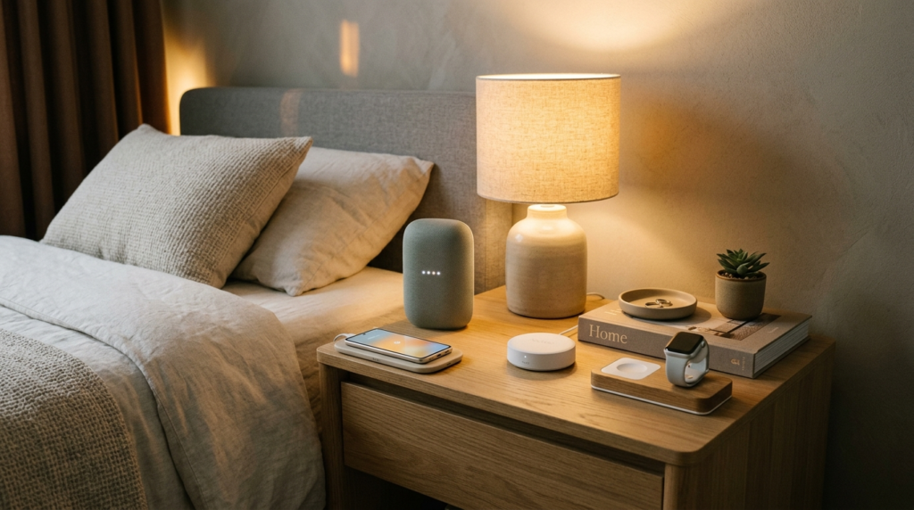 Contemporary bedroom nightstand with thoughtfully arranged w