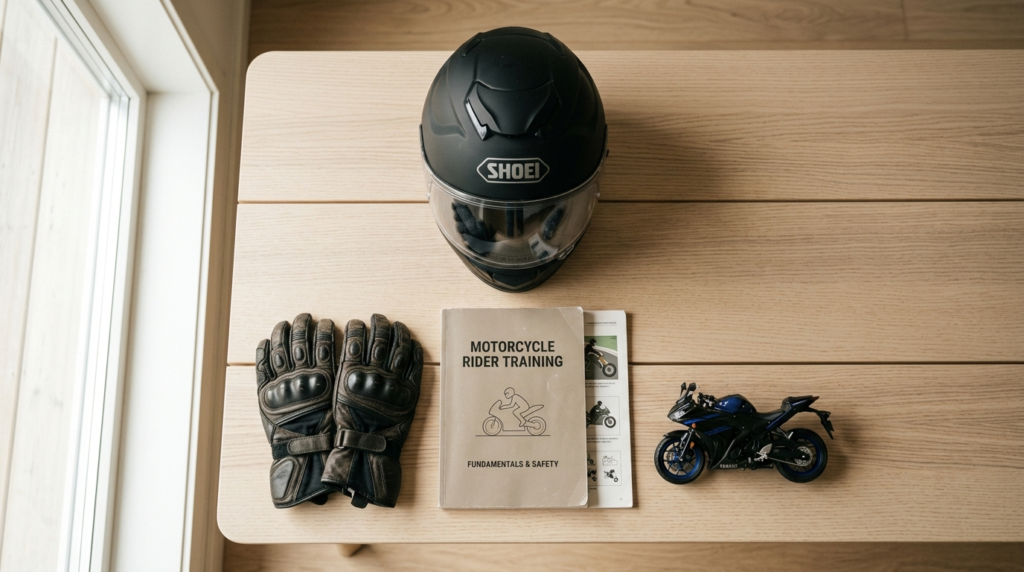 Overhead flat lay shot of motorcycle training essentials arr