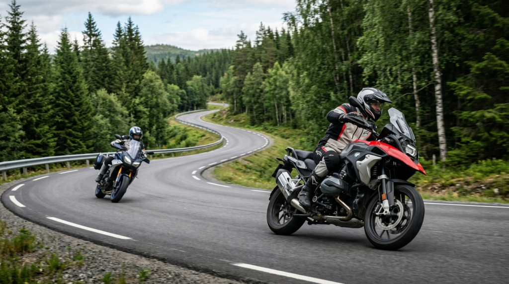 Dynamic action shot of two motorcyclists riding on a winding