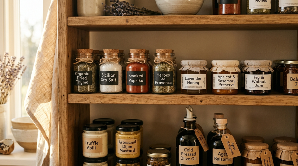 Close-up detail shot of a curated gourmet pantry display: ar