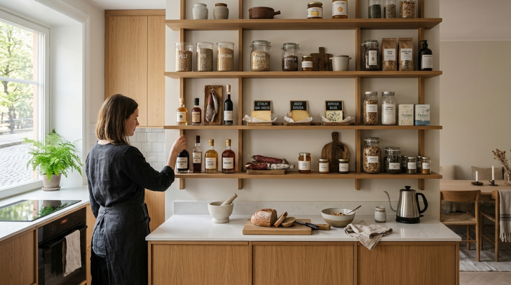 Scandinavian kitchen interior featuring a styled food collec
