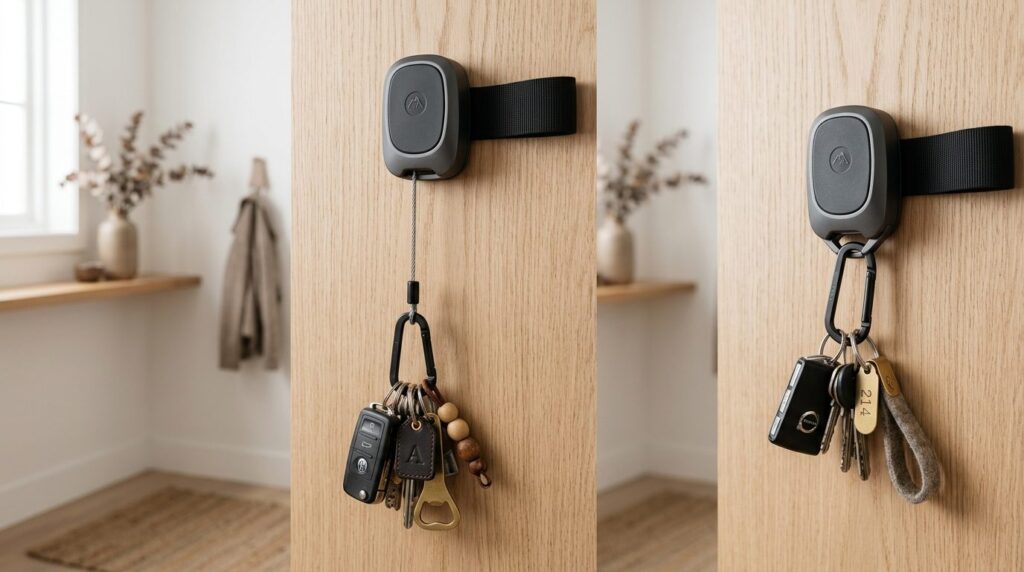 Close-up photorealistic shot of a premium retractable key ho
