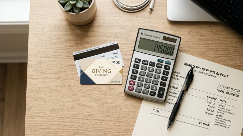 Close-up overhead shot of a gift card next to a calculator, 