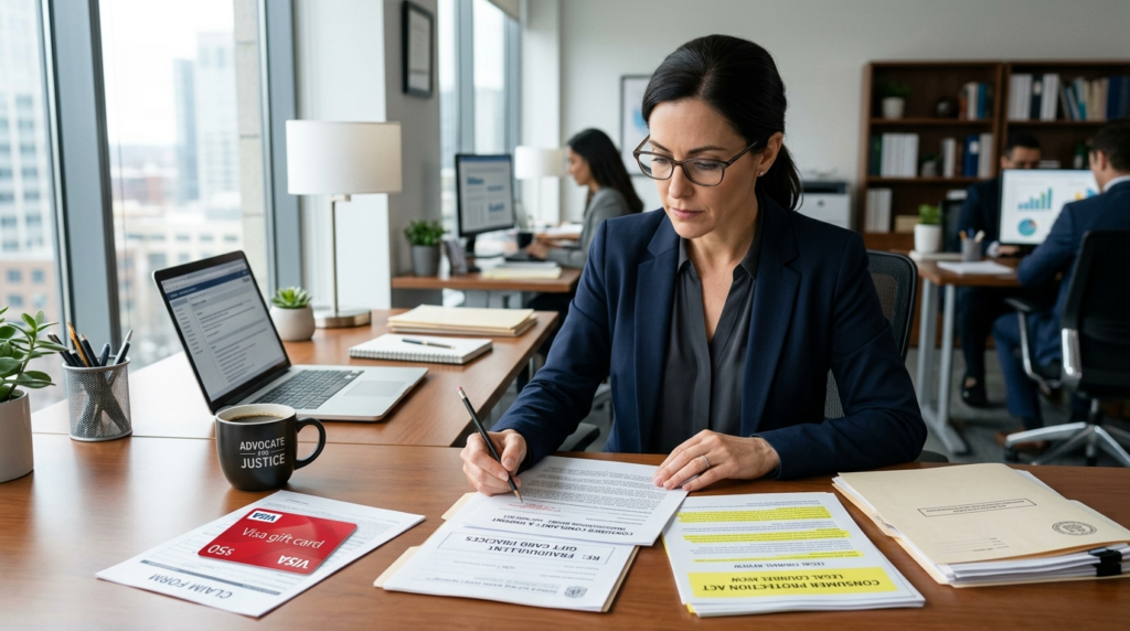 Professional photograph showing a consumer protection advoca