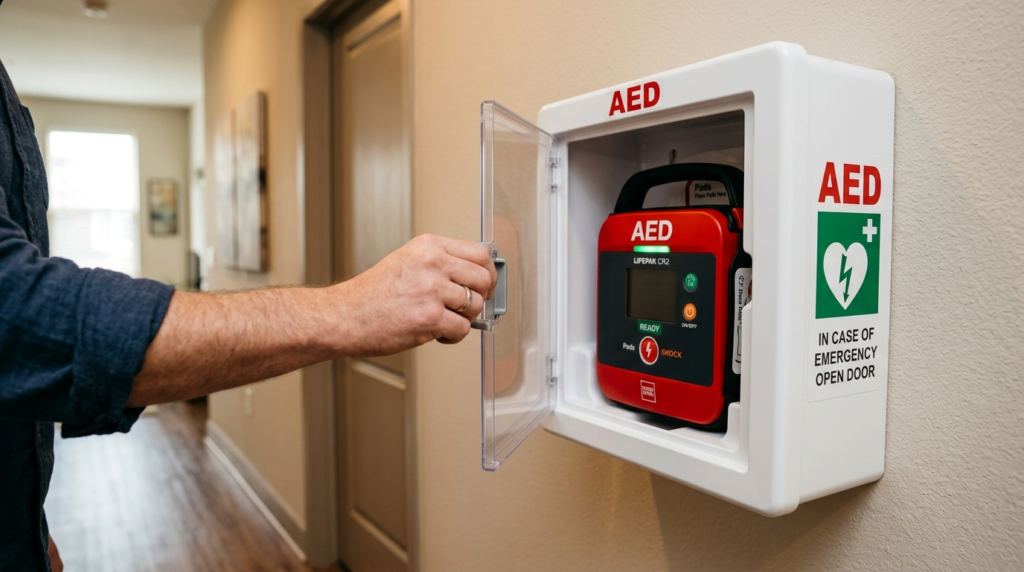 Close-up photograph of a hand opening a white AED cabinet do