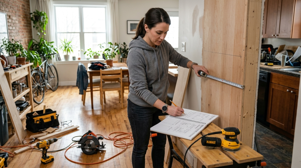 Professional stock photograph of a homeowner measuring and p