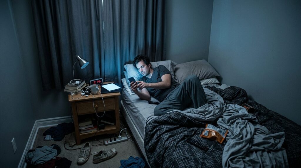 Photorealistic image of a mans bedroom with poor sleep cond