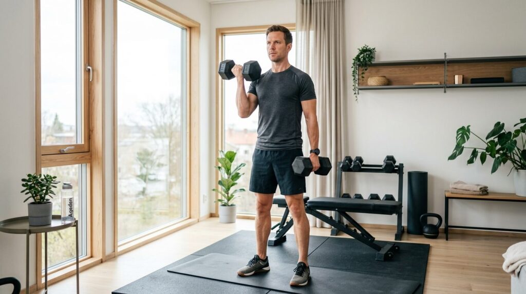Professional stock photo of a fit man in home gym doing stre