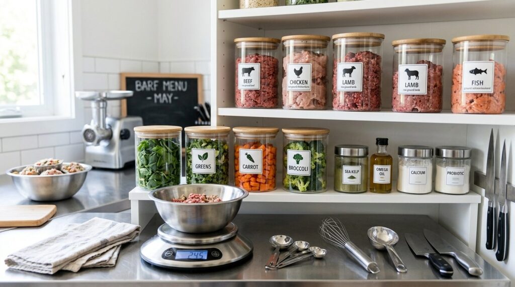 Close-up of hygienic BARF kitchen organization system showin