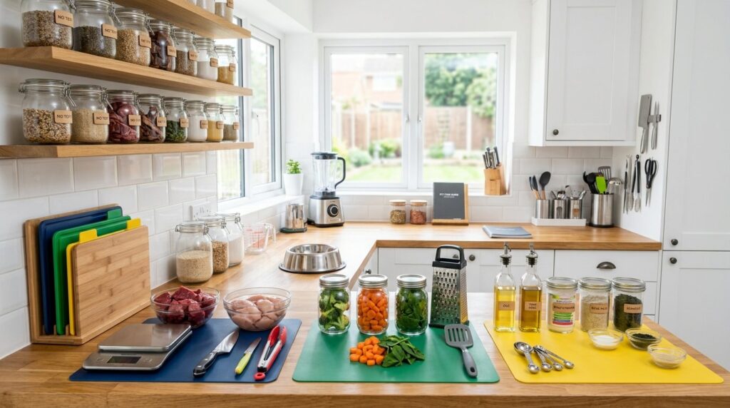 Modern home kitchen dedicated to raw dog food preparation, f