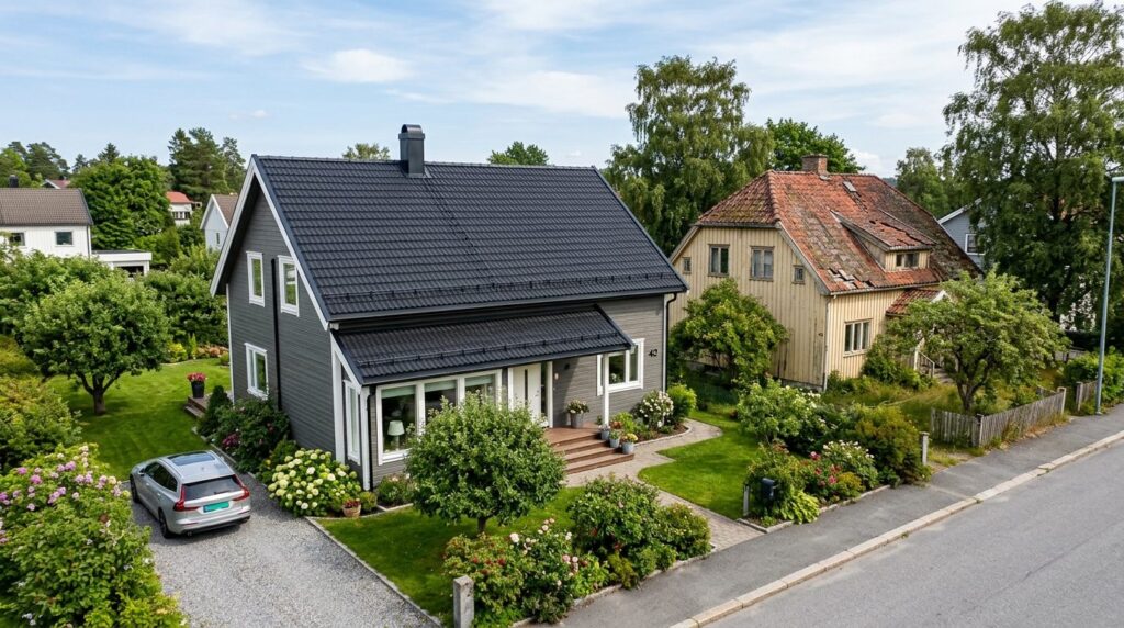 Wide-angle exterior shot of a well-maintained Scandinavian r