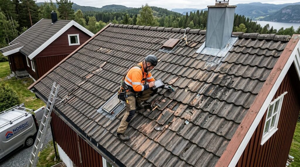 Detailed overhead view of a roof inspection in progress: exp