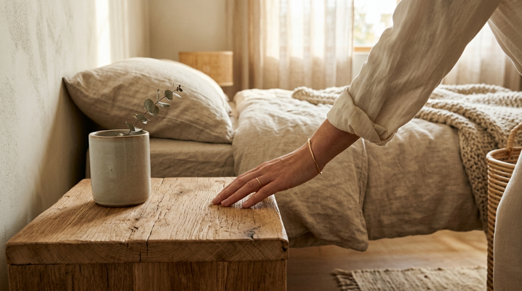 Close-up detail shot of a mindfully curated bedroom corner w