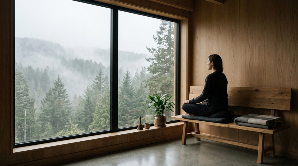 Wide-angle photograph of a Scandinavian-inspired meditation 