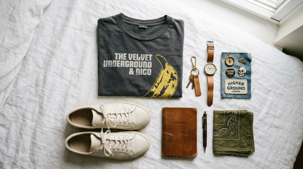 Flat lay photography of a curated streetwear collection on w