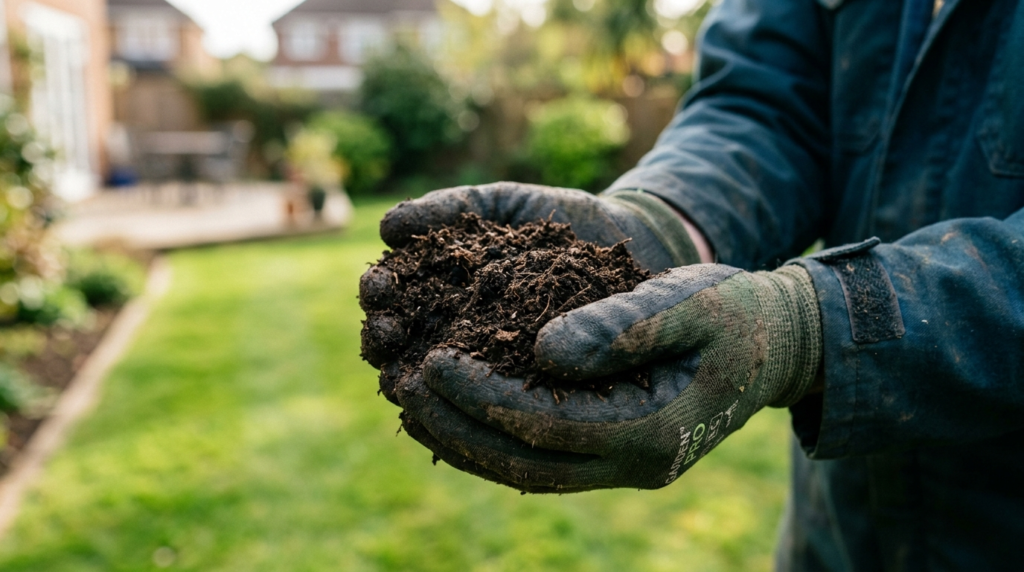 Close-up detail shot of premium light soil mixture for top d