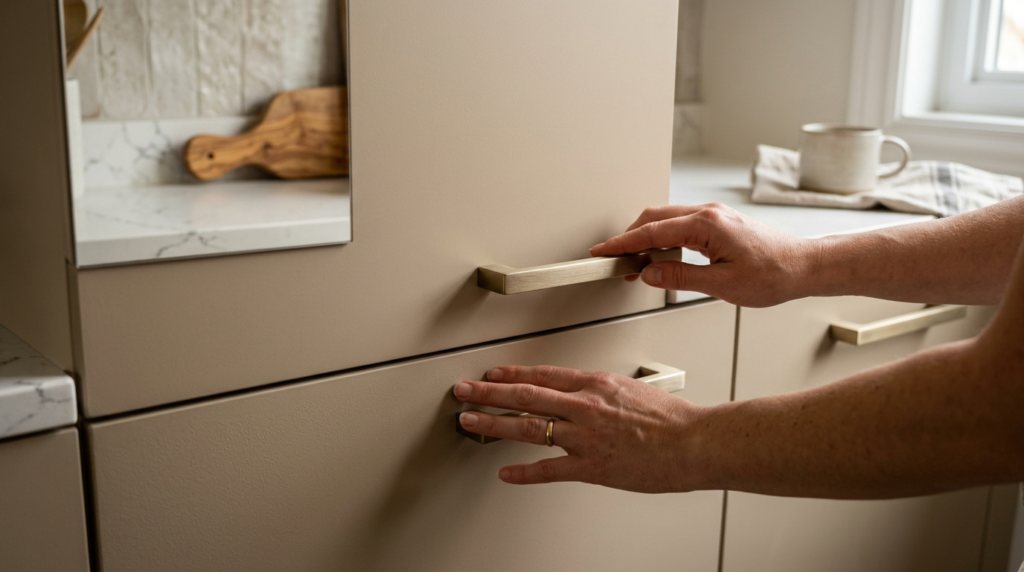 Close-up product photography of modern kitchen cabinet front