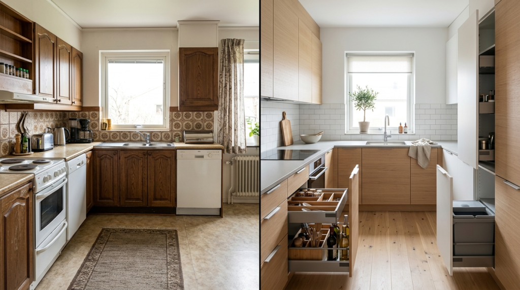 Kitchen transformation concept image showing before and afte