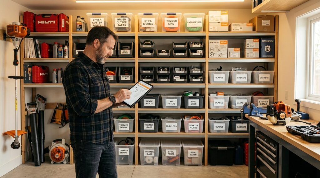 Organized storage shelves in a garage containing clearly lab