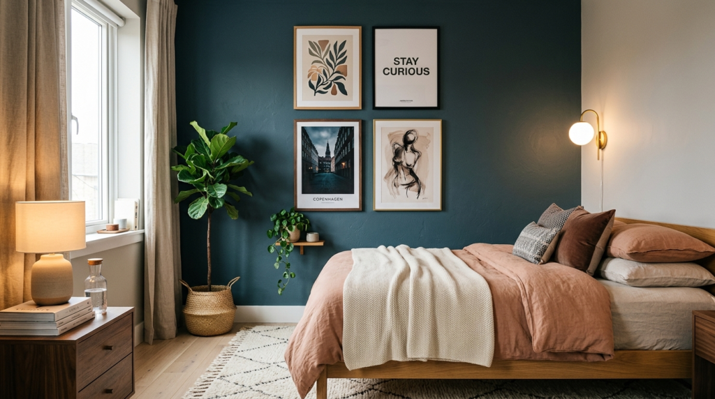 A contemporary bedroom with a focus on a statement wall feat
