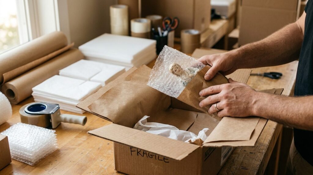 Close-up of careful packing process: hands gently wrapping d