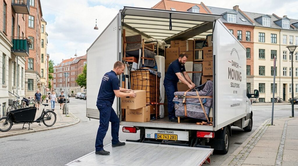 Moving truck professionally loaded with household items: org