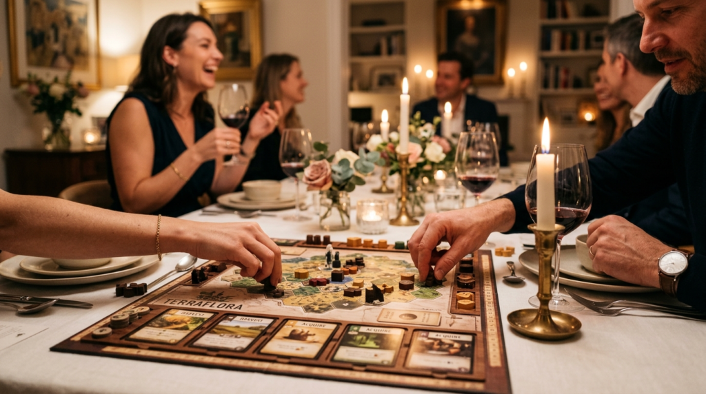 Close-up of hands playing strategic board game on a dining t