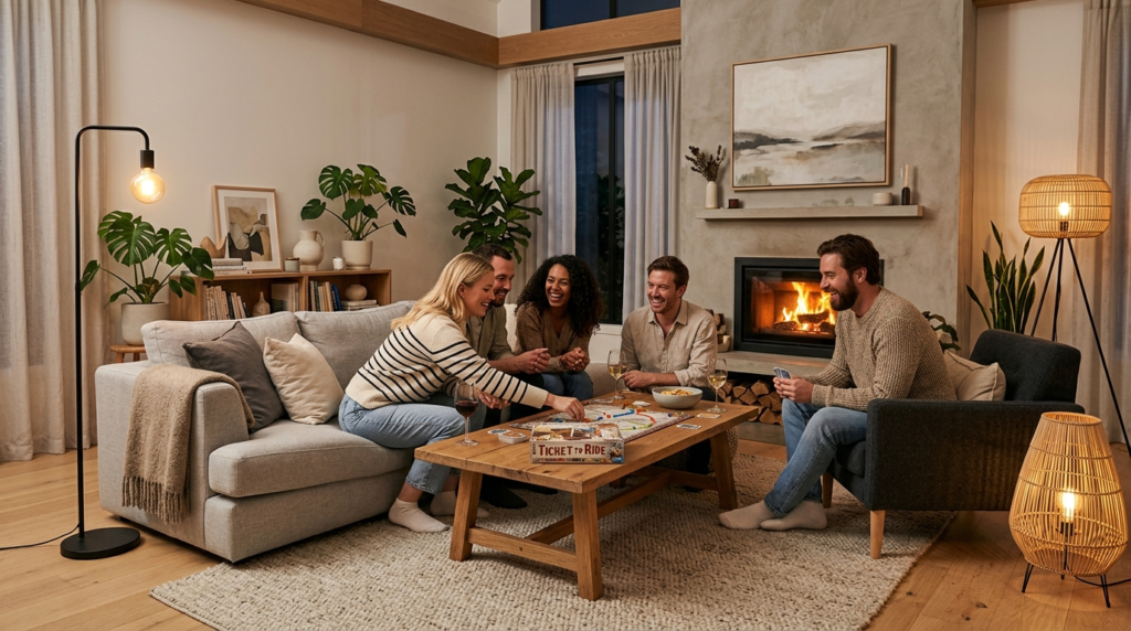 Scandinavian-style living room with guests enjoying social g