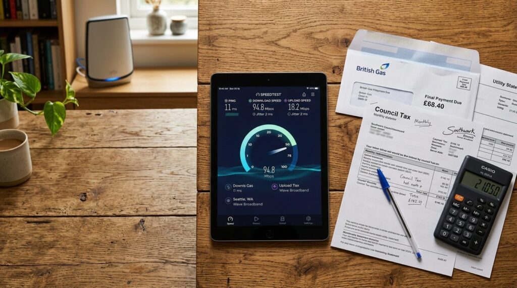 Flat lay overhead shot of a tablet displaying internet speed
