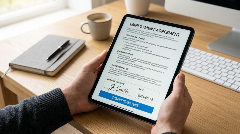 Close-up of hands holding a tablet displaying digital employ