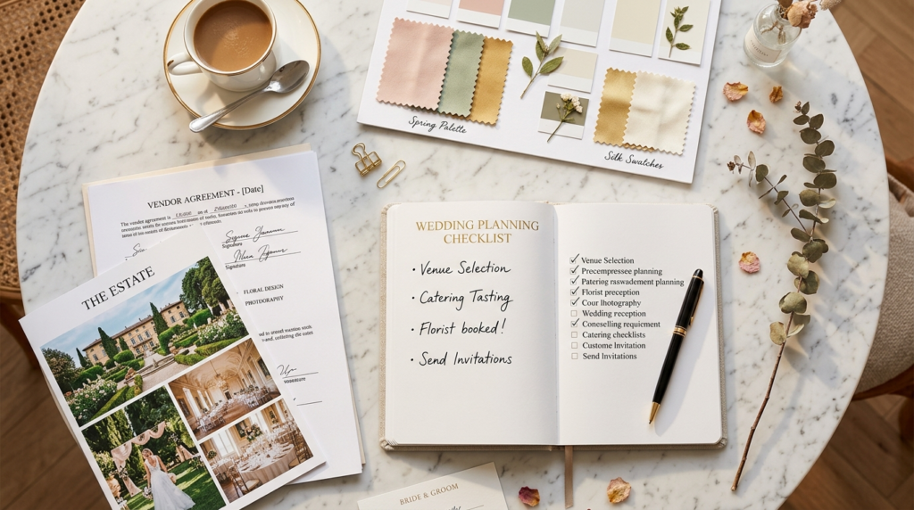 Close-up overhead shot of a luxury wedding planning table se