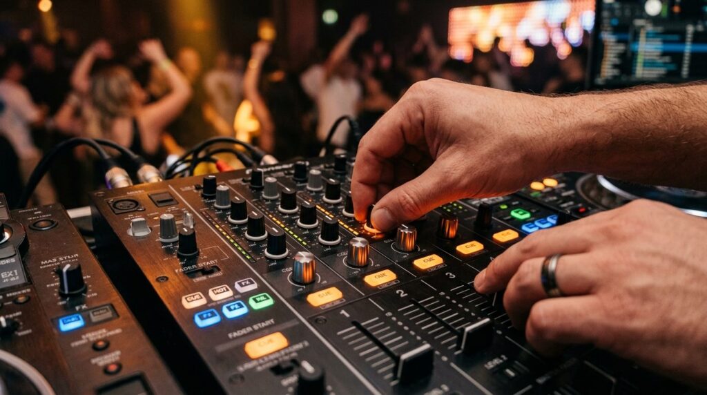 Close-up detail shot of a professional DJ mixer control pane