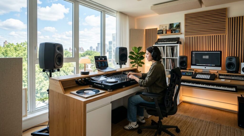 Spacious contemporary home music studio with dedicated DJ mi