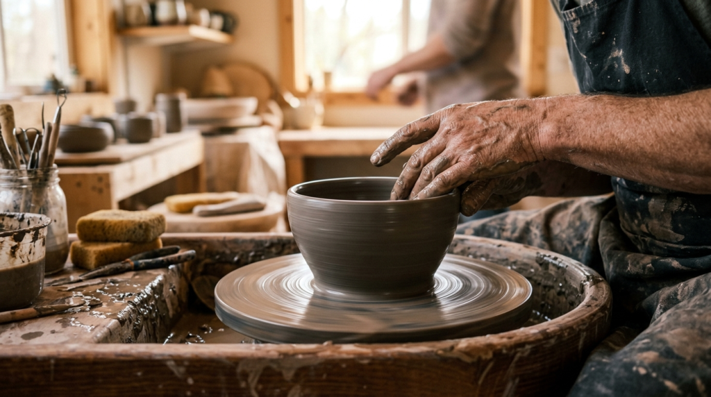 Close-up detail shot of hands shaping wet clay on a spinning