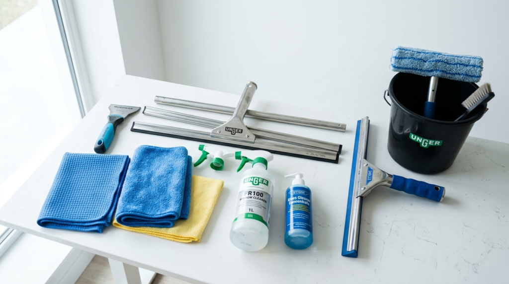 Close-up of professional window cleaning tools laid out on w
