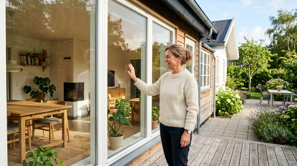 Satisfied homeowner inspecting sparkling clean windows of th