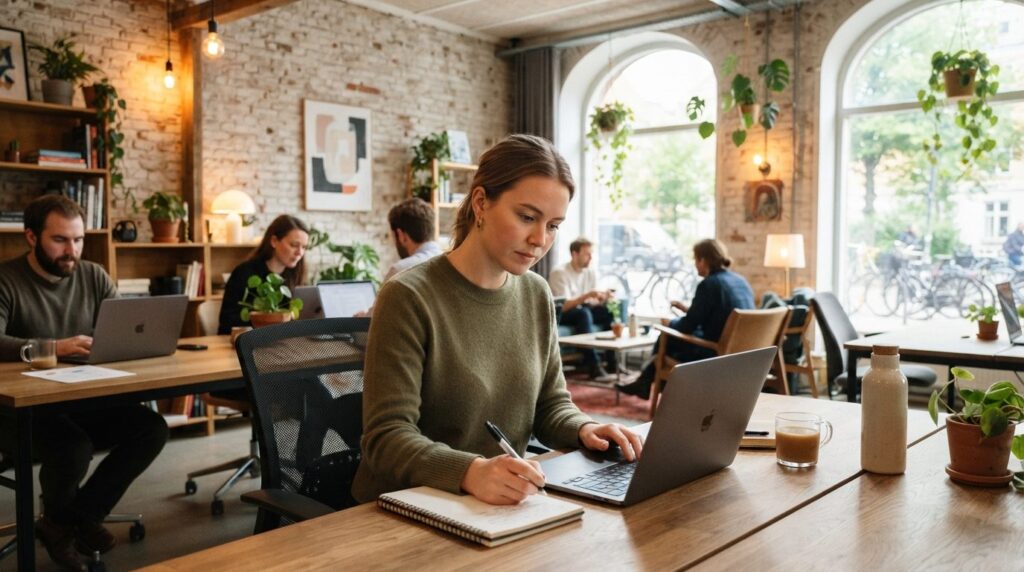 Young professional woman working at a collaborative desk in 